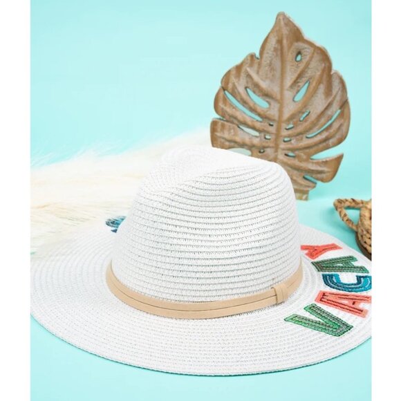 White Straw Hat with Colorful 'Vacay Vibes' Embroidery - Picture 2 of 8